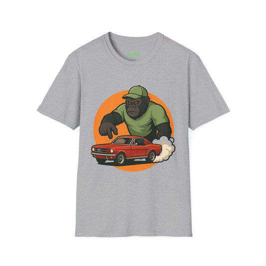 Gorilla Car Chase T-Shirt | Fun Unisex Softstyle Tee for Car Lovers, Animal Enthusiasts, Gift for Birthdays, Casual Wear, Adventure Lovers