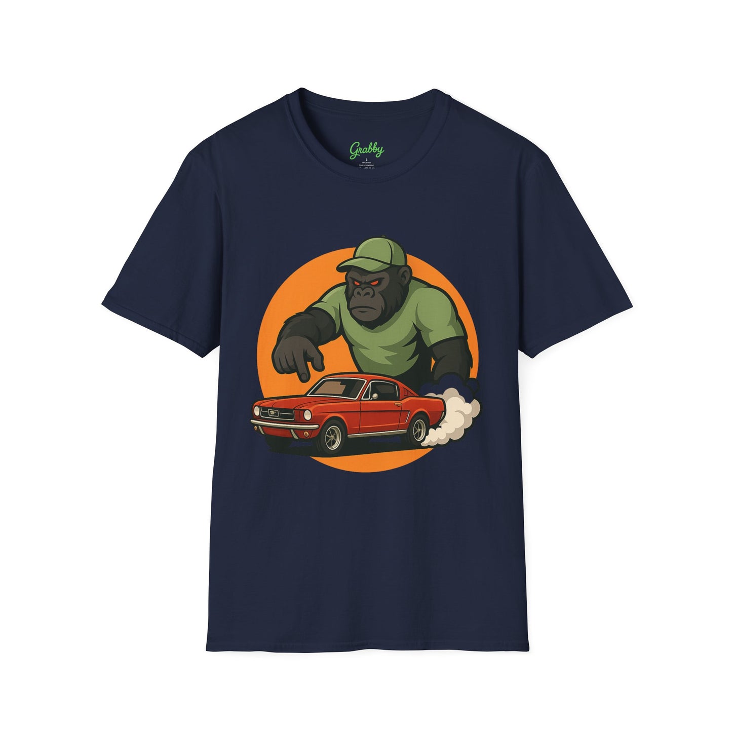 Gorilla Car Chase T-Shirt | Fun Unisex Softstyle Tee for Car Lovers, Animal Enthusiasts, Gift for Birthdays, Casual Wear, Adventure Lovers
