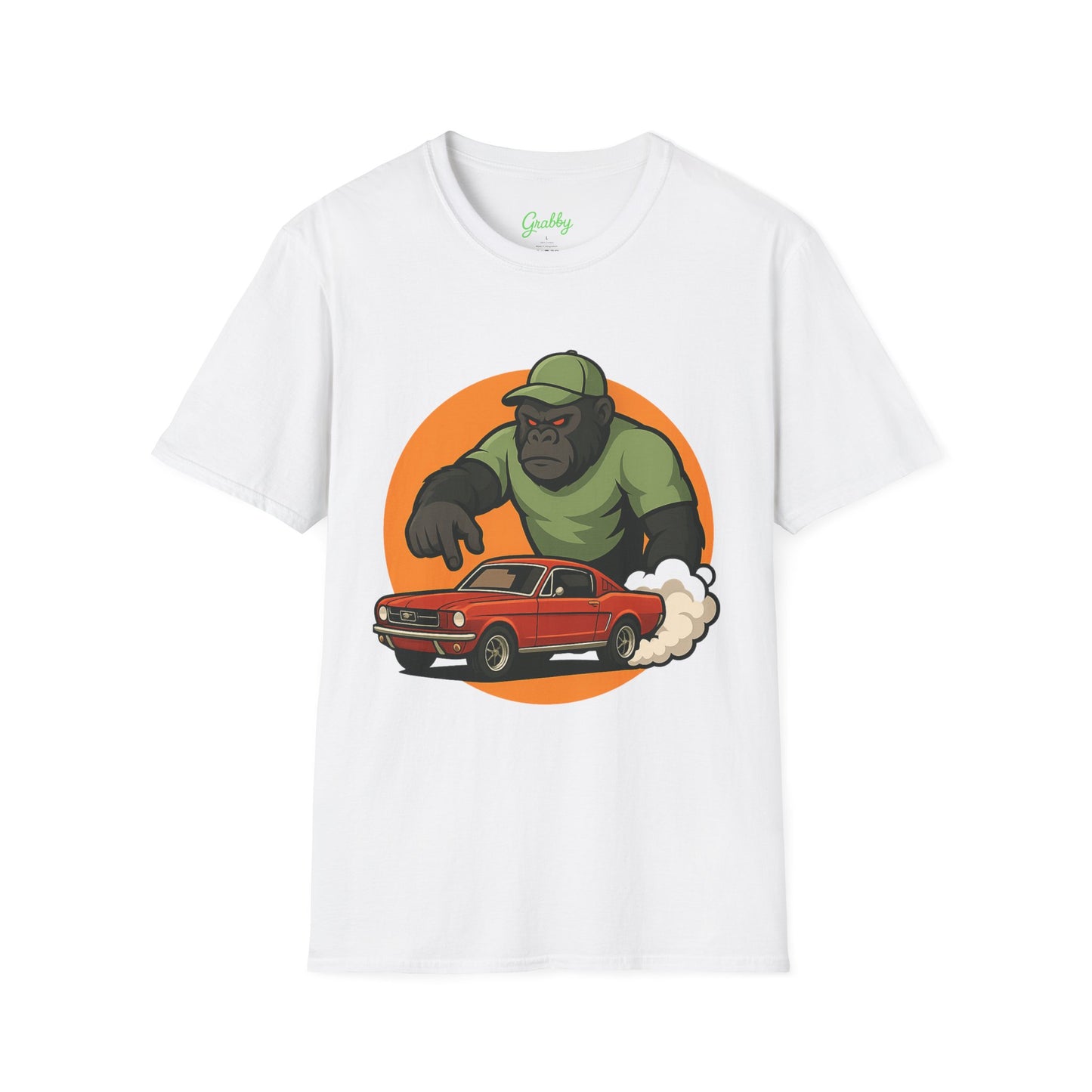 Gorilla Car Chase T-Shirt | Fun Unisex Softstyle Tee for Car Lovers, Animal Enthusiasts, Gift for Birthdays, Casual Wear, Adventure Lovers