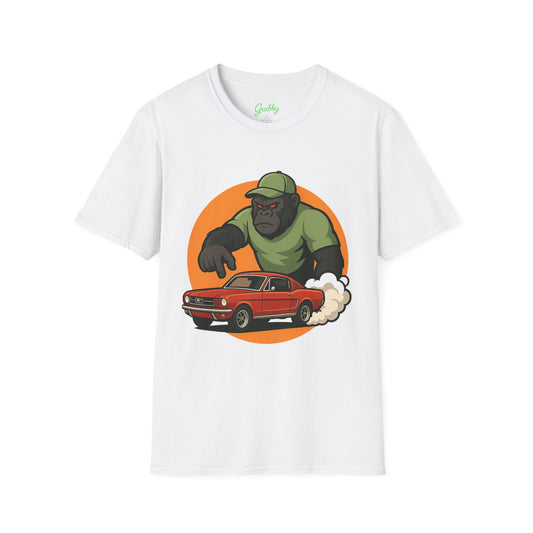 Gorilla Car Chase T-Shirt | Fun Unisex Softstyle Tee for Car Lovers, Animal Enthusiasts, Gift for Birthdays, Casual Wear, Adventure Lovers