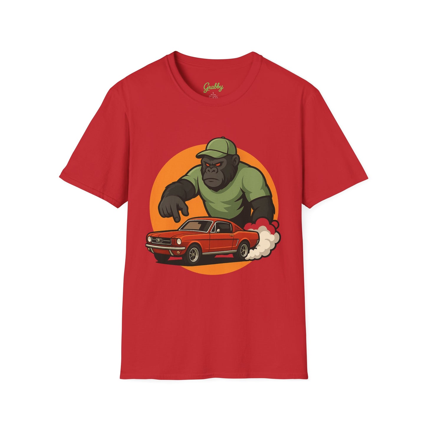 Gorilla Car Chase T-Shirt | Fun Unisex Softstyle Tee for Car Lovers, Animal Enthusiasts, Gift for Birthdays, Casual Wear, Adventure Lovers