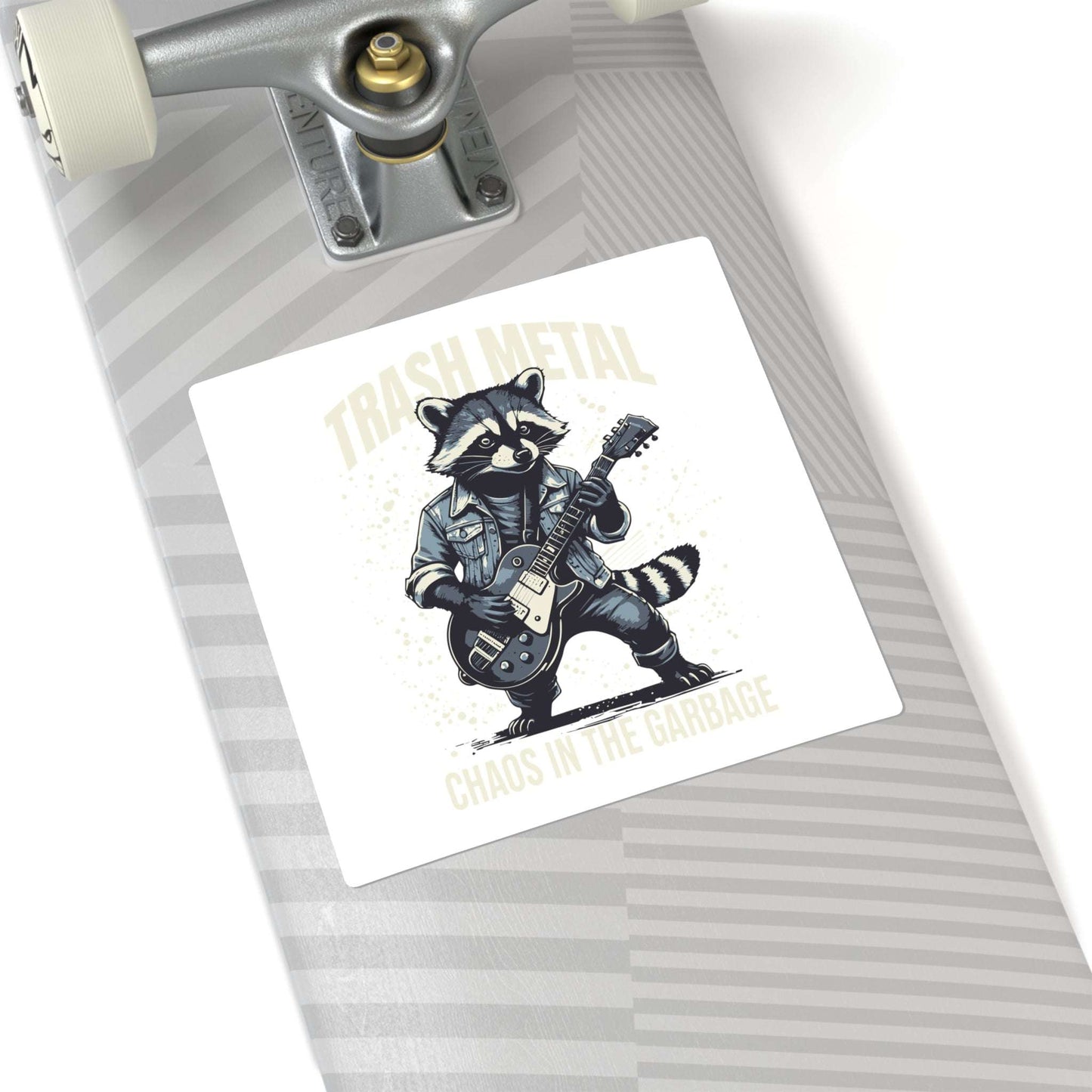 Square Stickers - Rock and Roll Raccoon Guitar Player Trash Bandit Design